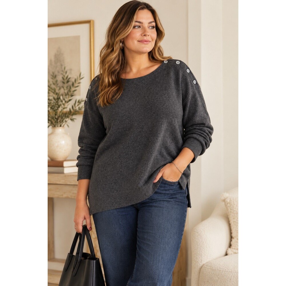 Lauren Ralph Lauren Gray Cashmere Knit Sweate Boat Neck Button Detail Sz 1X